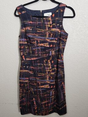 Tabitha Navy Abstract Print Midi Dress with Orange & Purple Accents
